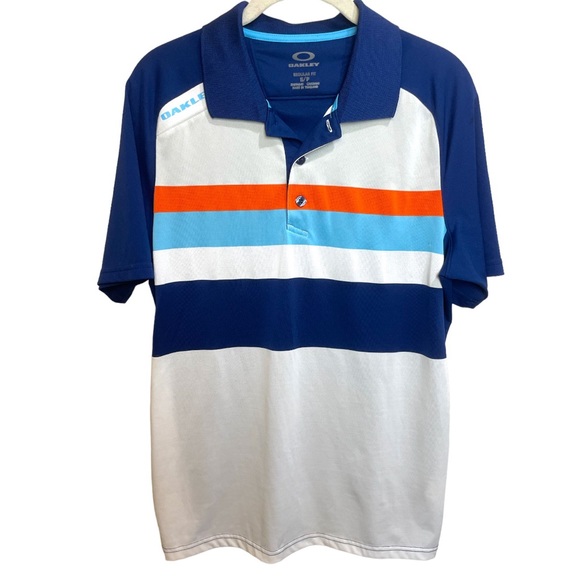 Oakley Polo Shirt Spellout Blue Orange Stripe Short Sleeve Golf Mens Small - Picture 3 of 11